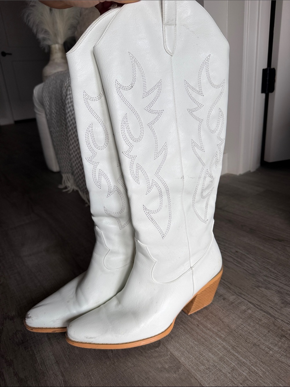 Women's White Leather Western Knee Boots with Stacked Heel
